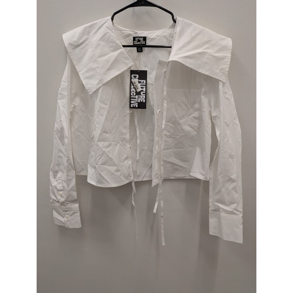 Future Collective White Sailor Collar Cropped Long Sleeve Blouse Top NWT